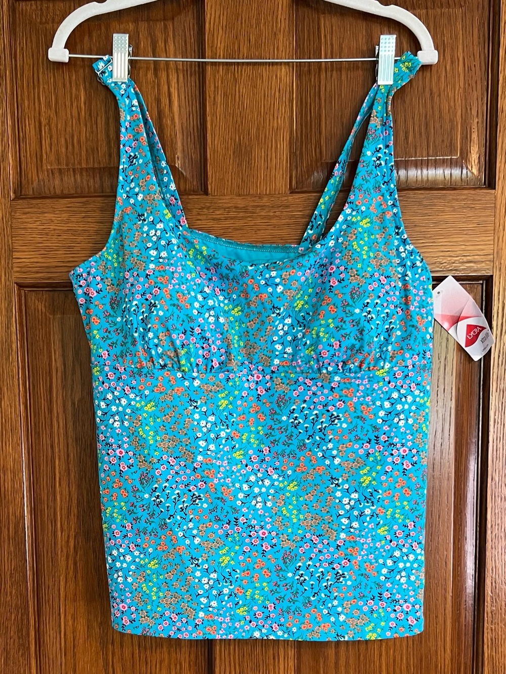 Lands' End Square-Neck Underwire Tankini Swimsuit Top Sz 16D  Aqua Floral New